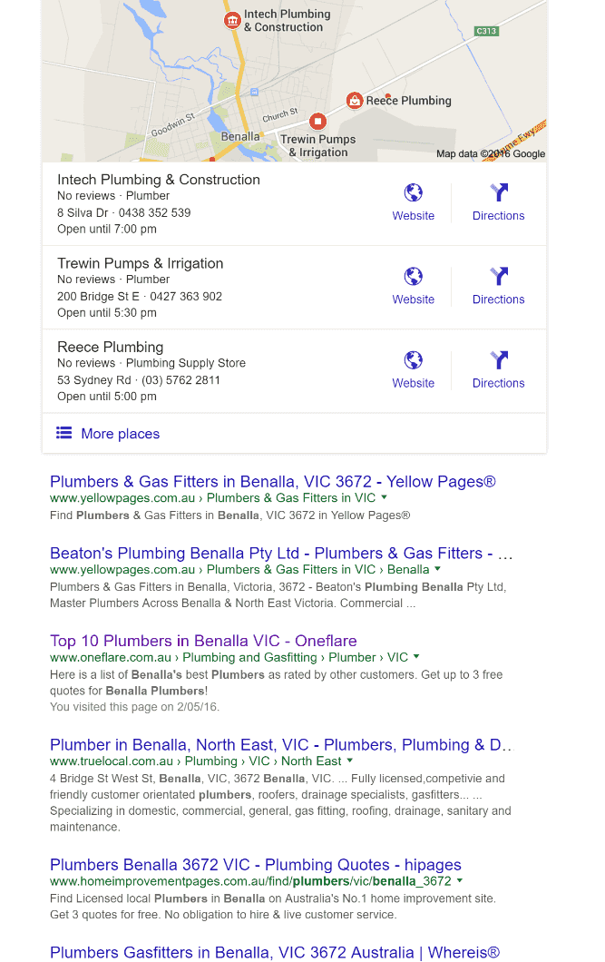 Google search results for 'plumbers Benalla'