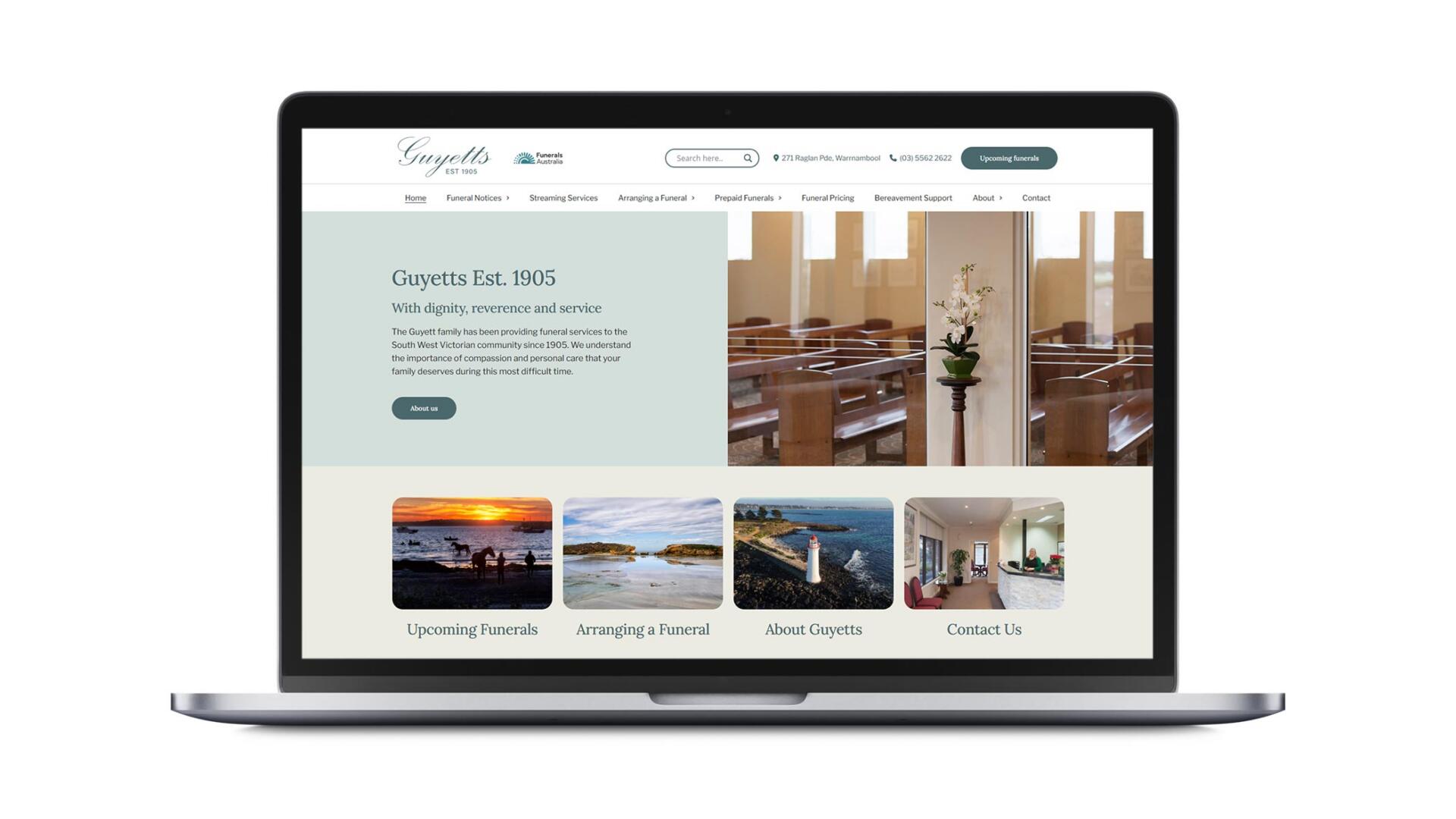 Open computer showing website designed and developed for funeral home