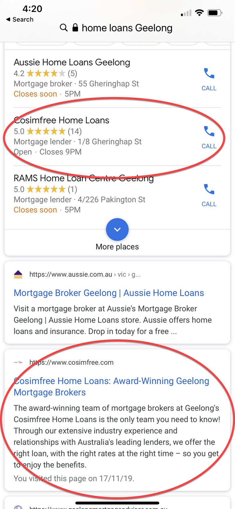 Google results on a mobile Cosimfree home loans