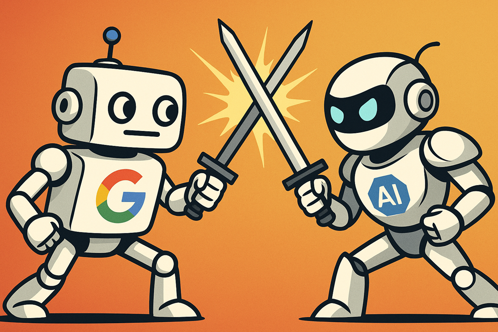 Google bot versus an AI bot in a sword fight
