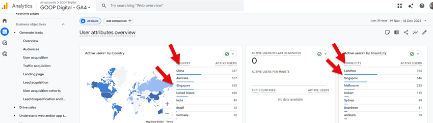 Lanzhou & Singapore bot traffic in GA4
