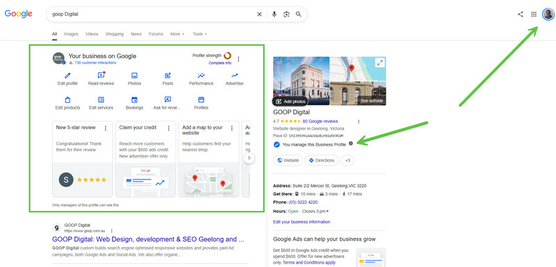 Example of having access to your Google Business Profile. This si GOOP Digital access